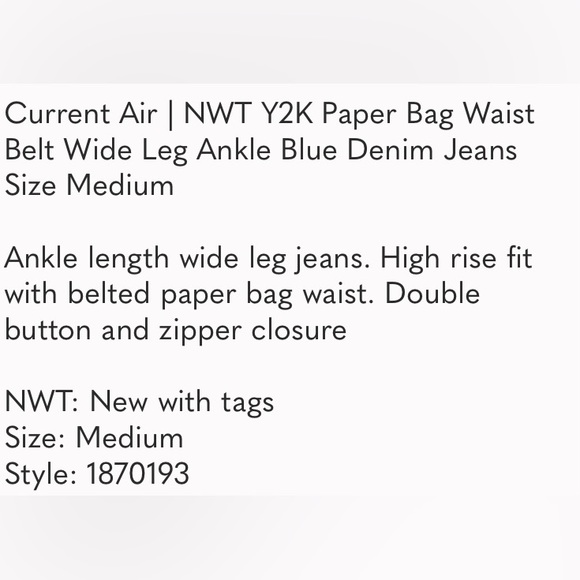Current Air | NWT Y2K Paper Bag Waist Belt Wide Leg Ankle Blue Denim Jeans, Sz M - Picture 9 of 10